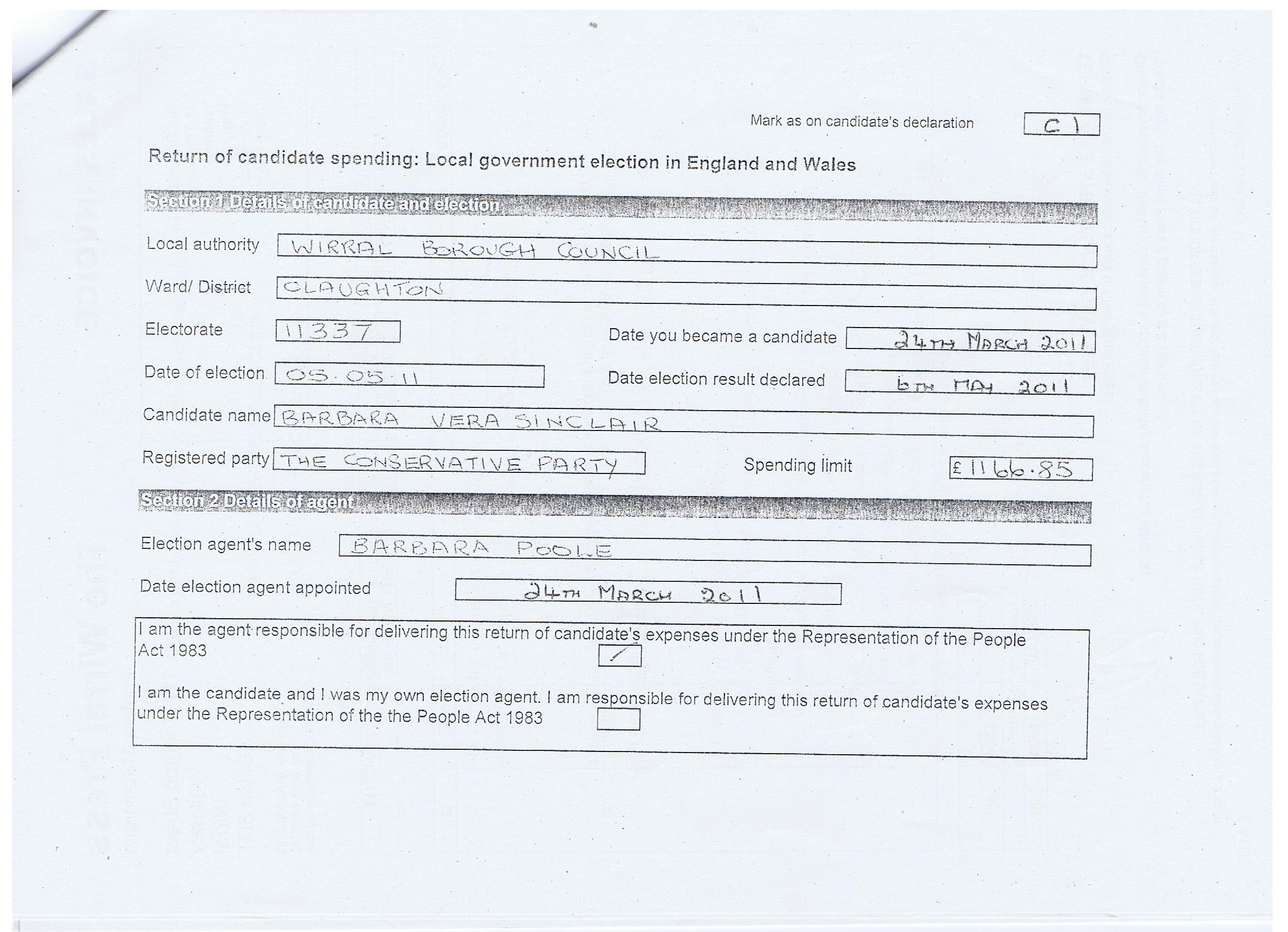 Election Expenses Barbara Sinclair Page 1 Claughton Wirral Council 2011 Section 1 Details of candidate and election Section 2 details of agent