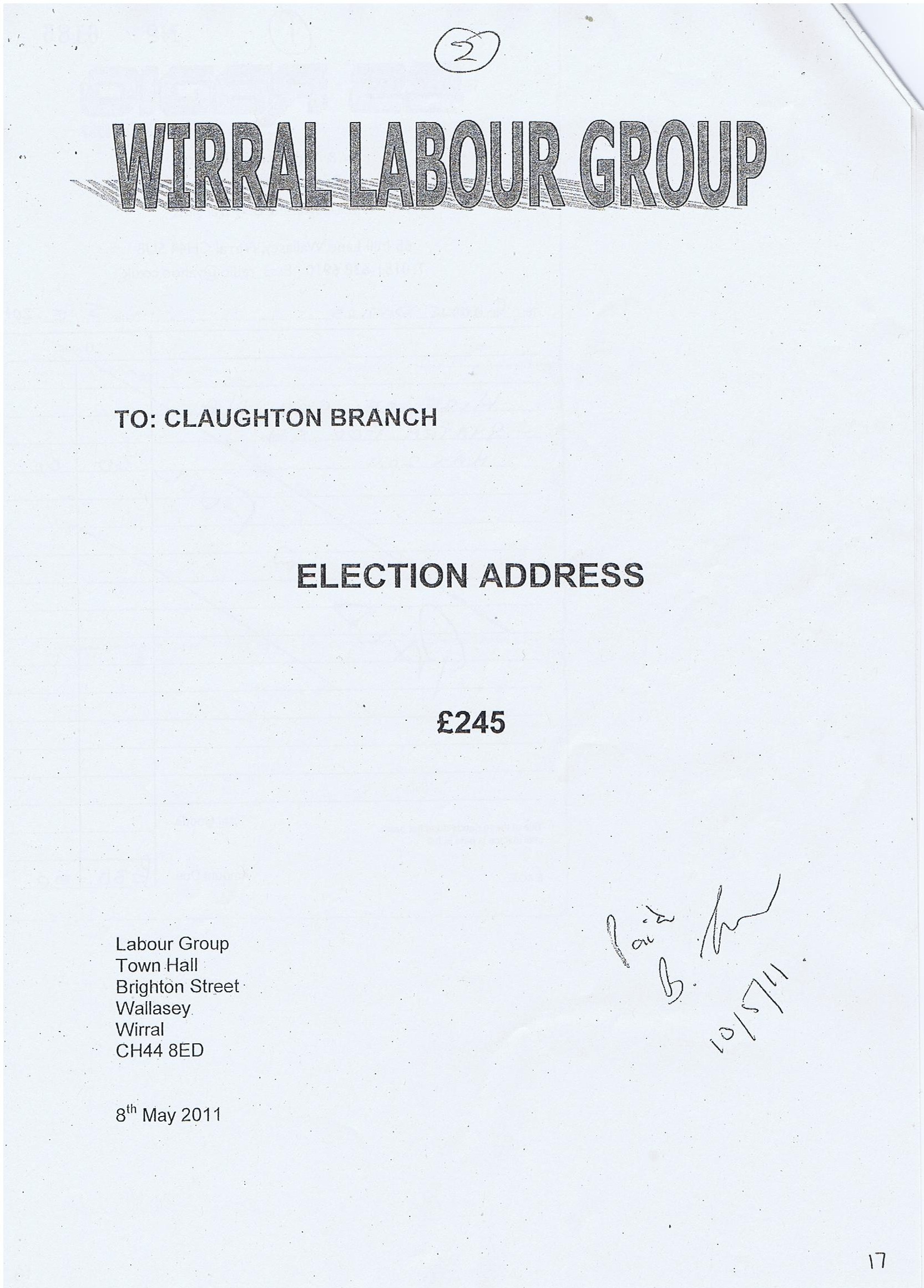 Election Expense Invoice Steve Foulkes Wirral Council election (Claughton ward) 2011 Labour Group Election Address £245