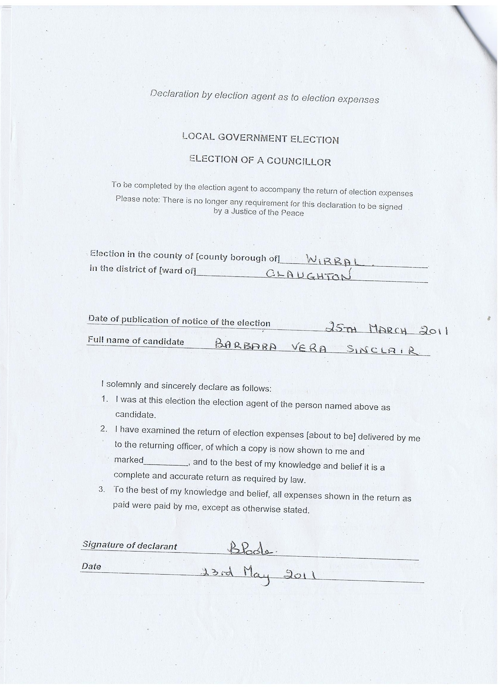 Agent Declaration (Barbara Poole) Claughton ward 2011 Wirral Borough Council candidate: Barbara Sinclair