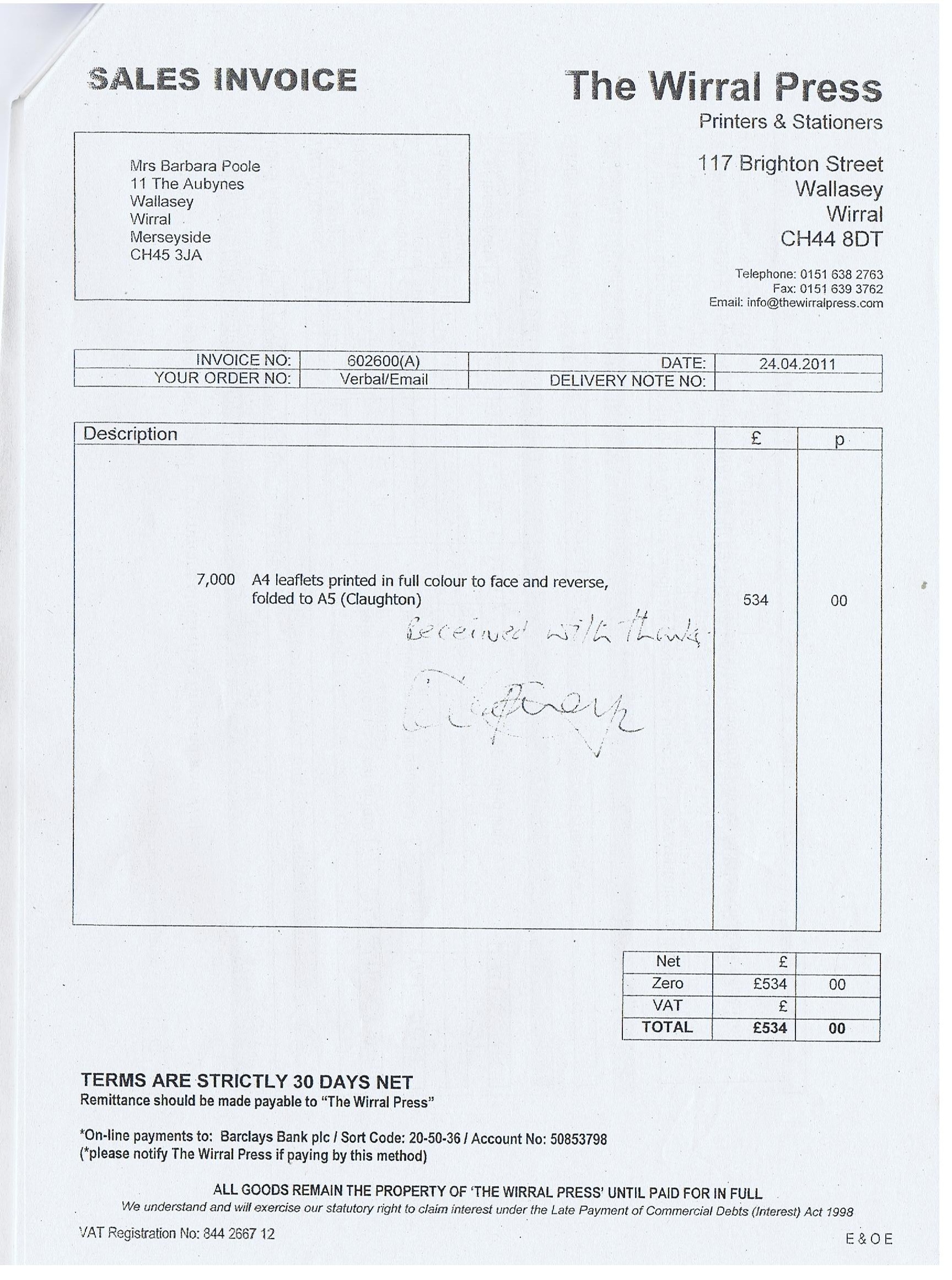 Election Expenses Barbara Sinclair Claughton ward 2011 Page 14 The Wirral Press Invoice £534 7000 A4 Colour