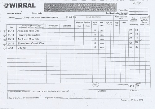 Cllr Stuart Kelly expenses claim 2013 2014 page 7