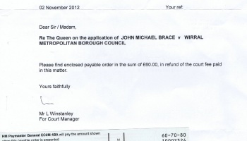 Administrative Court letter and Â£60 cheque for refund of court fee