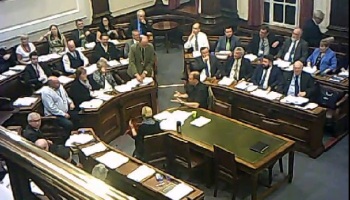 Councillor Phil Gilchrist explains his amendment on the minority report on Lyndale School to councillors, officers and the public 2nd October 2014 Council Chamber, Wallasey Town Hall (c) John Brace