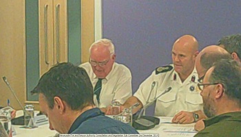 Merseyside Fire and Rescue Authority Consultation and Negotiation Sub-Committee 2nd December 2014 L to R Unknown, Cllr Mahon (Chair), Dan Stephens (Chief Fire Officer), Phil Garrigan (Deputy Chief Fire Officer), Unknown, Cllr Robertson