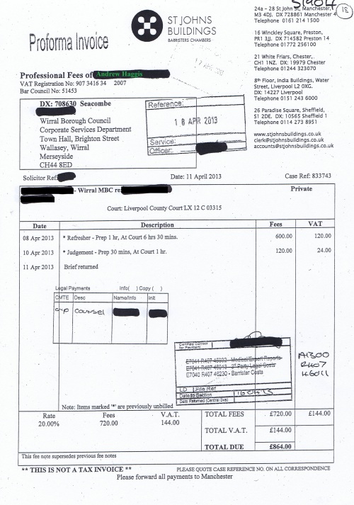Wirral Council invoice Andrew Haggis St Johns Buildings 11th April 2013 £864 18