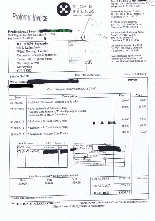 Wirral Council invoice Helen Wilson St Johns Buildings 30th October 2013 £3235.20 104