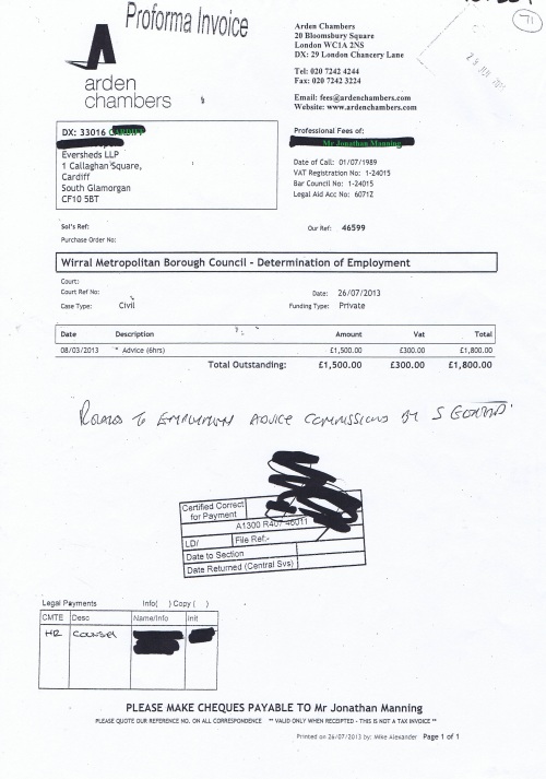 Wirral Council invoice Jonathan Manning Arden Chambers 26th July 2013 £1,800 71