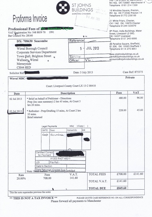 Wirral Council invoice Jonathan Taylor St Johns Buildings 3rd July 2013 £849.60 63