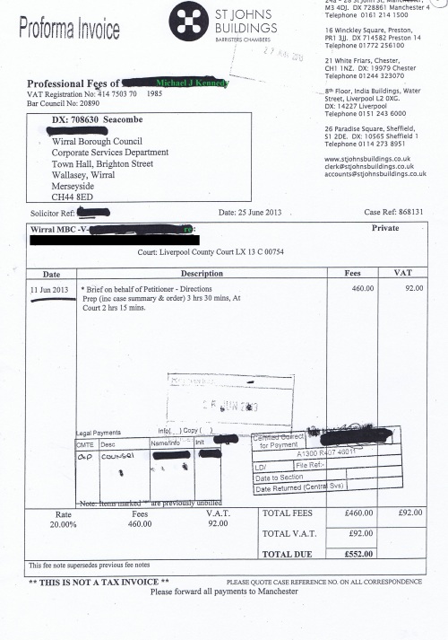 Wirral Council invoice Michael J Kennedy St Johns Buildings 25th June 2013 £552 57