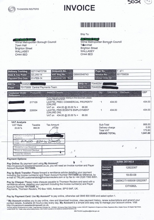Wirral Council invoice Sweet & Maxwell Ltd 2nd January 2014 £1041.60 142