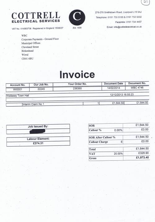 Wirral Council invoice Cottrell Electrical Services £1973.40 12th December 2013