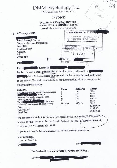 Wirral Council invoice DMM Psychology Limited £809.85 16th January 2013