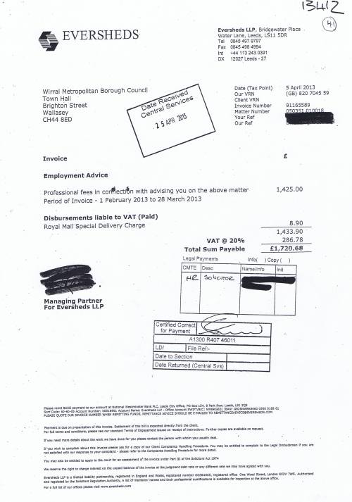 Wirral Council invoice Eversheds £1720.68 5th April 2013