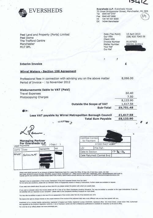Wirral Council invoice Eversheds £8133.90 15th April 2013