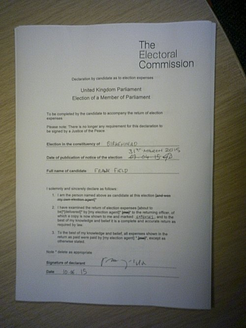 Birkenhead General Election 2015 Declaration election expenses Frank Field