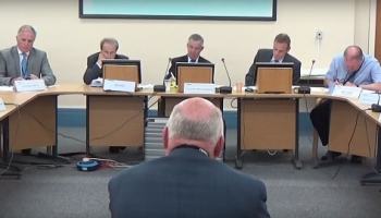 Cllr Chris Blakeley addressing Wirral Council Regeneration and Environment committee about a new fire station in Saughall Massie September 2015