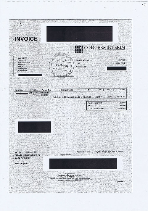 Wirral Council invoice 67 Odgers Interim March 2014 Interim Head of IT 19 days @ £695 + VAT £15846 thumbnail