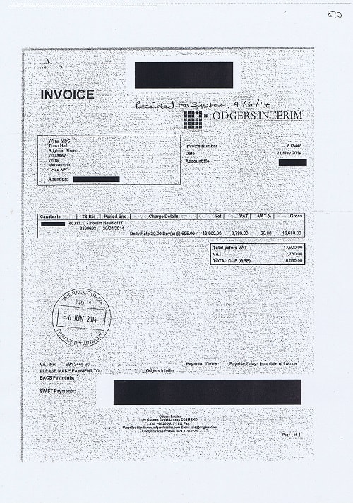 Wirral Council invoice 870 Odgers Interim May 2014 Interim Head of IT 20 days @ £695 + VAT £16680 thumbnail